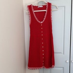 Zara Red Sleeveless Lace-Trim Mini Dress - Medium